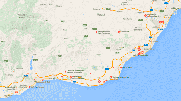Map of golf courses in Costa del Sol