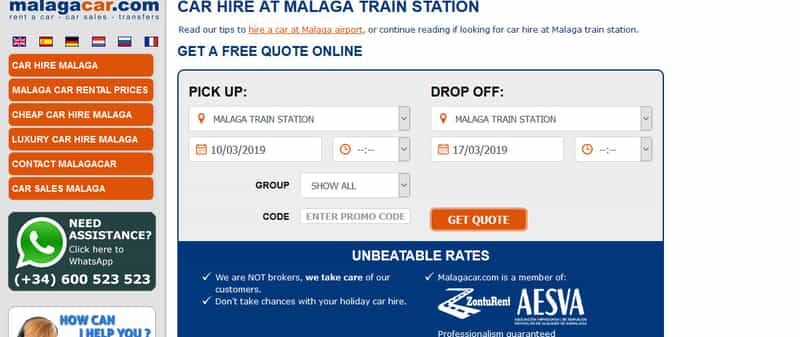 Website for car hire Malaga train station